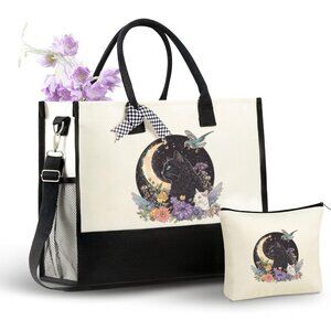 Black Cat Halloween Gift Tote Bag & Makeup Pouch Set for Women, Large 17x6.5x12,